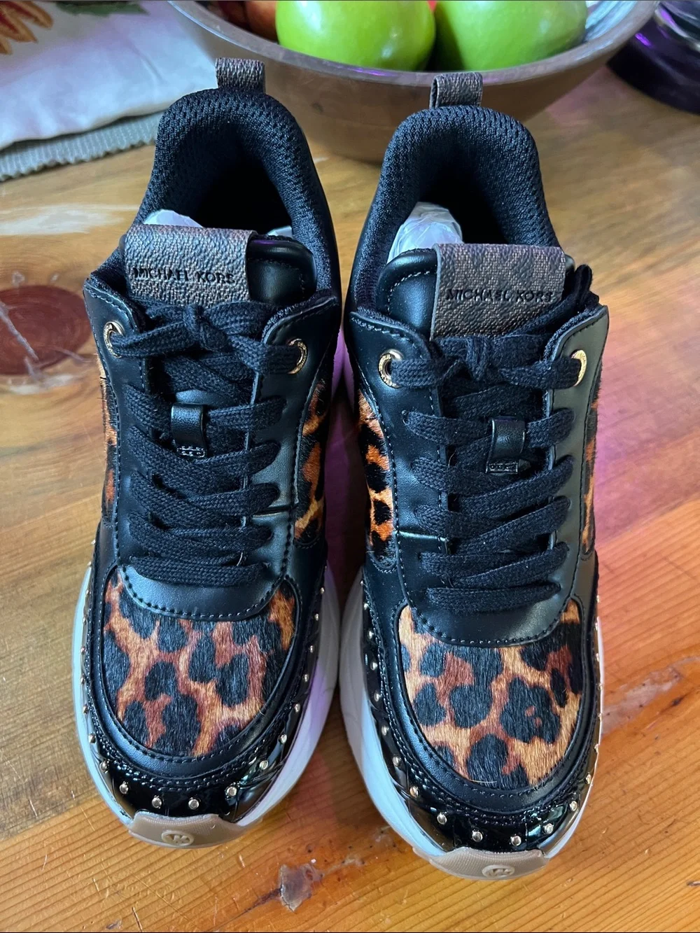 Michael Kors Katrina Wedge Mixed Media Black & Leopard Print Platform Sneaker 6